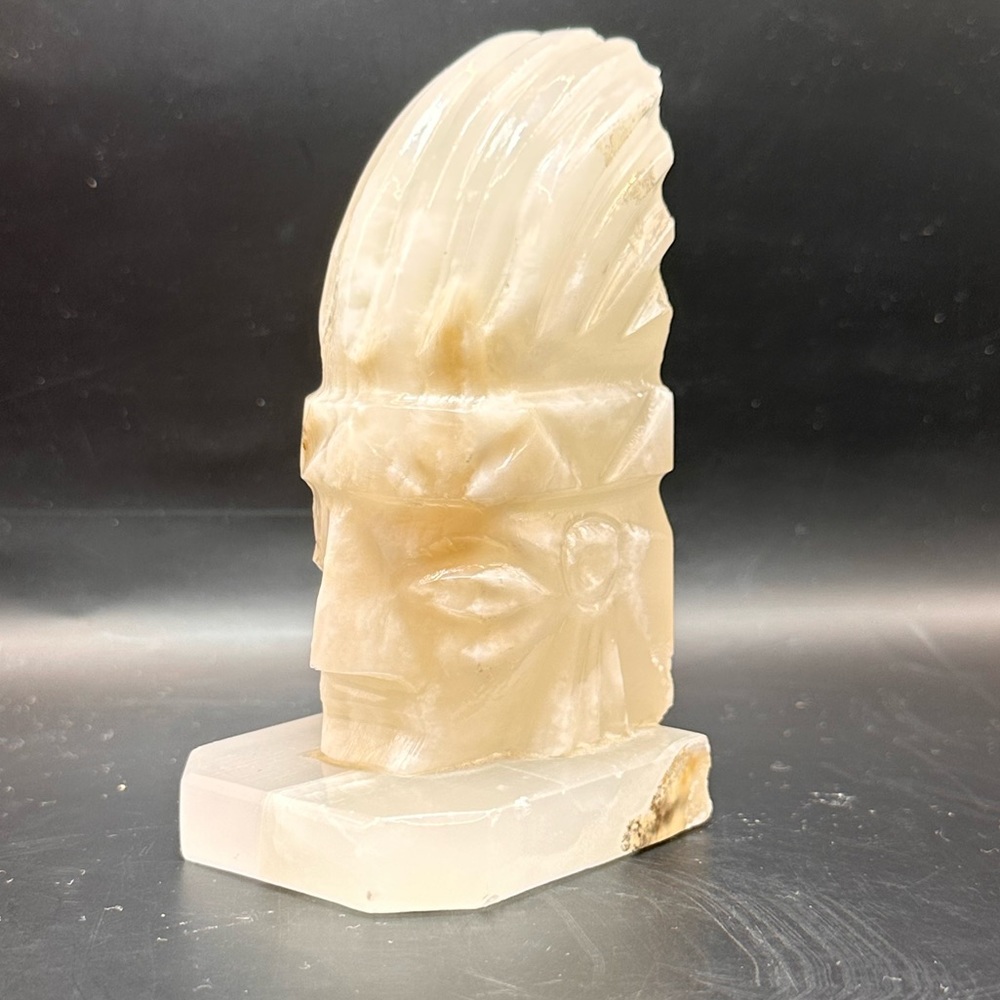 Vintage Native American Indian Chief Figure Polished Beige Alabaster Stone 4.7”